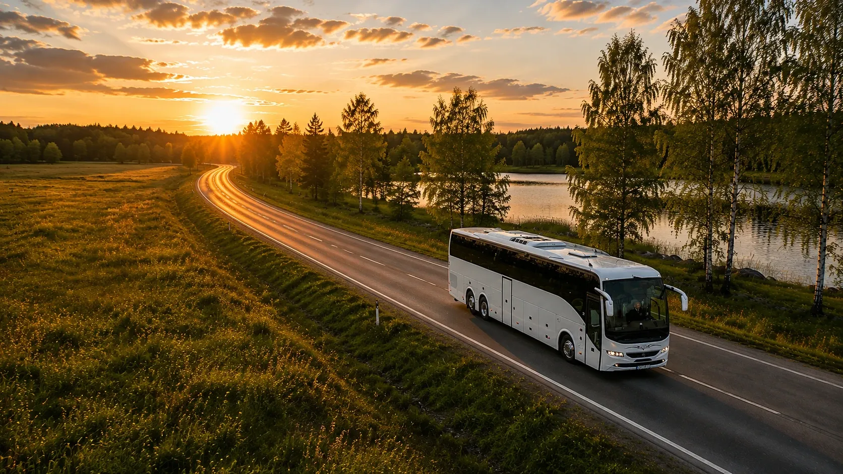 Bergslagsbuss vita turistbuss på landsväg, sedd från ovan